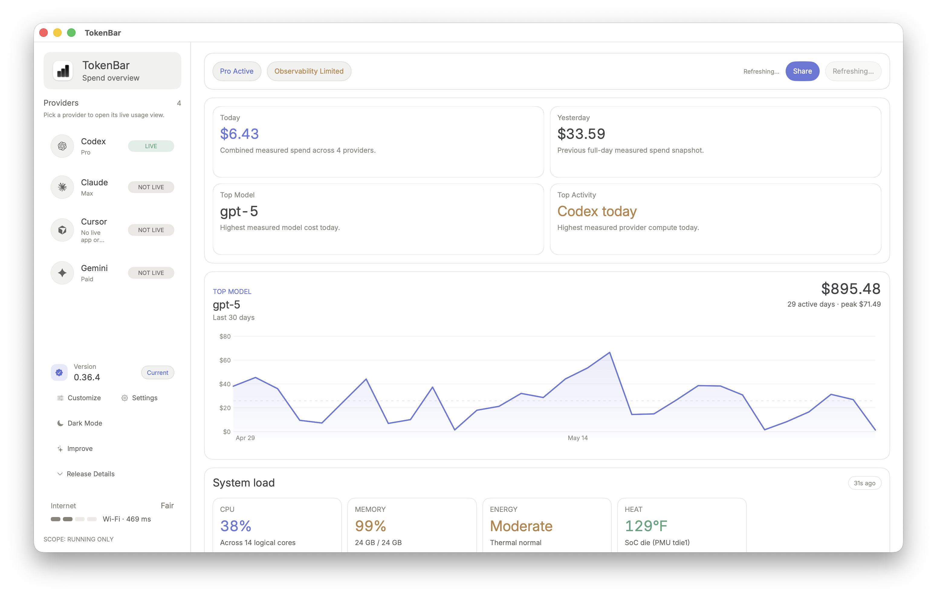 TokenBar dashboard showing recent model spend, active provider stats, and system load metrics.